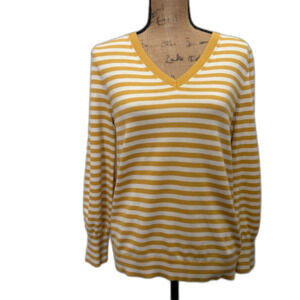 Talbots Mustard Yellow & White Stripe Cotton V-Neck Sweater Preppy‎ Size Large